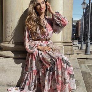 Floral Chiffon Maxi Dress in Power Pink - H&M